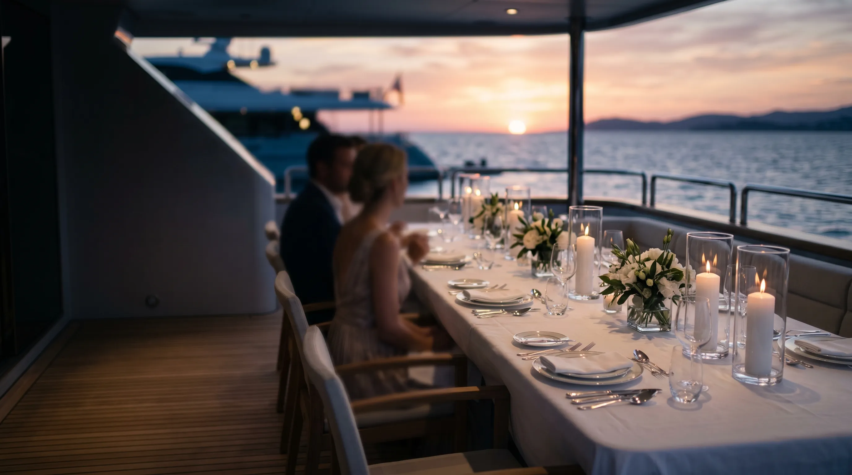 Guests dining on deck at sunset